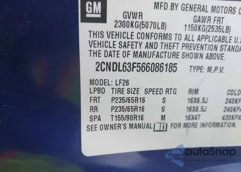 2006 Chevrolet Equinox Lt из США, поврежденный, VIN 2CNDL63F566086185